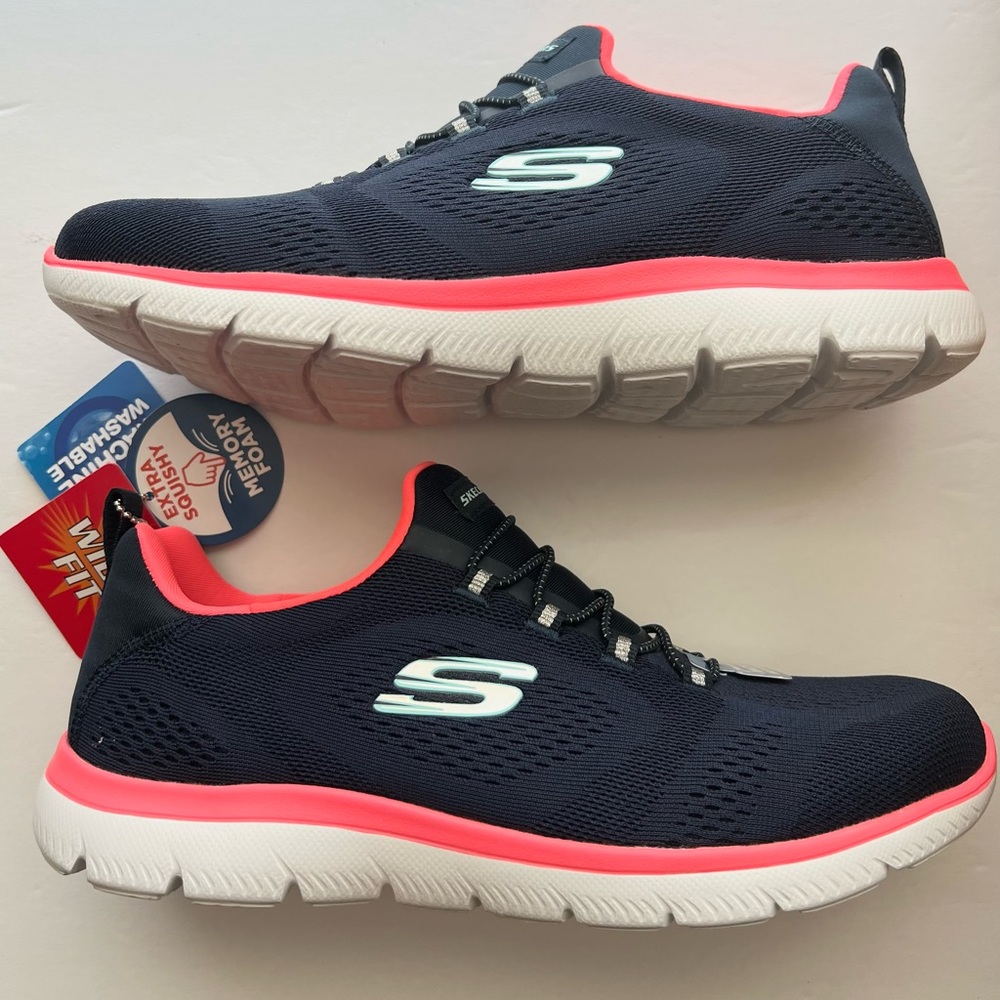 Skechers Women's Size 8 W Navy Blue Pink Summit Slip On Bungee Lace Walking Shoe